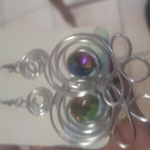 Silver Swirl Earrings with Multicolor Gem